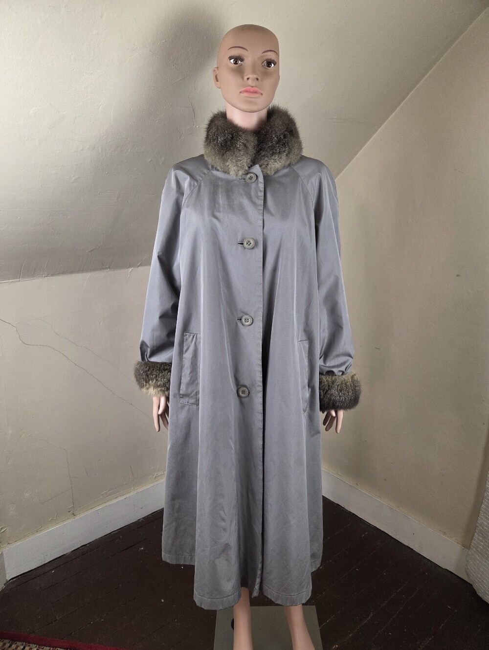 Vintage Bonnie Cashin for Russel Taylor Weatherwear Gray Fur Trim Coat USA Sz 10